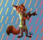  2020 anthro barefoot bottomwear canid canine clothed clothing dipstick_tail disney fluffy fox fully_clothed fur hi_res light lighting male mammal multicolored_tail necktie nick_wilde open_mouth open_smile orange_body orange_fur pants pawpads red_fox shirt simple_background smile solo standing topwear totino-s zootopia 
