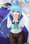  1girl aqua_(konosuba) bag bangs bed bedroom blanket blue_eyes blue_hair breasts english_commentary eyebrows_visible_through_hair fingers_together green_neckwear hair_between_eyes hair_rings highres kono_subarashii_sekai_ni_shukufuku_wo! large_breasts long_hair long_sleeves looking_at_viewer nightstand open_mouth pantyhose pillow school_bag school_uniform serafuku skirt skirt_removed standing thigh_gap thighs tissue_box underwear uniform very_long_hair zaphn 