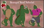  alligator alligatorid animal_genitalia anthro barrel_rutherford belly bottomwear butt cellphone cloaca clothing crocodilian delicatessen dripping feet genitals hi_res male mohawk_(disambiguation) musclegut overbite penis phone polo_shirt red_eyes reptile scalie shirt shorts solo thick_tail tongue tongue_out topwear 