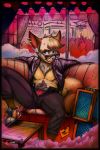  anthro assertive black_nose blonde_hair blue_eyes canid canine clothed clothing eyewear fox fur glasses hair hi_res jacket long_tail male mammal pose seductive short_ears short_hair sitting solo topwear yellow_body yellow_fur yourfavoritelemonade 