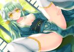  1girl aqua_hair ass bangs blush breasts collarbone commentary_request dragon_horns eyebrows_visible_through_hair fate/grand_order fate_(series) green_hair green_kimono hair_between_eyes horns japanese_clothes kimono kiyohime_(fate/grand_order) large_breasts long_hair looking_at_viewer morizono_shiki open_mouth smile solo spread_legs thighhighs very_long_hair white_legwear yellow_eyes 
