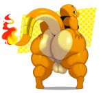  alternate_version_at_source anthro backsack balls big_butt butt charmander clothing fire genitals green_eyes hi_res looking_at_viewer looking_back male nintendo pok&eacute;mon pok&eacute;mon_(species) rear_view reptile scalie simple_background smile solo sssonic2 thick_thighs video_games 