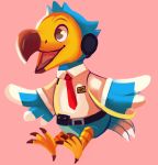  2020 absurd_res animal_crossing anthro avian beak belt bird blue_body blue_feathers bottomless cherivinca clothed clothing columbid dodo feathered_wings feathers full-length_portrait headphones hi_res male necktie nintendo open_mouth open_smile orville_(animal_crossing) pink_background portrait simple_background smile solo video_games wings 
