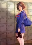  1girl bag blue_skirt brown_eyes brown_hair commentary_request duffel_bag highres kara_no_kyoukai locker pleated_skirt ryougi_shiki school_uniform serafuku shoes_removed short_hair shusiki skirt solo teenage younger 