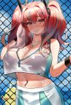  1girl acelim azur_lane bangs bare_shoulders black_bra blue_sky bow bra breasts bremerton_(azur_lane) bremerton_(scorching-hot_training)_(azur_lane) chain-link_fence cleavage collared_shirt commentary commentary_request cowboy_shot crop_top eyebrows_visible_through_hair fence grey_hair hair_between_eyes hair_bow hair_ornament hairclip heart heart_necklace highres large_breasts long_hair manjuu_(azur_lane) mole mole_on_breast mole_under_eye multicolored_hair navel navel_piercing partial_commentary piercing pink_eyes pink_hair see-through shirt sky sleeveless sleeveless_shirt smile standing streaked_hair sweat towel twintails two-tone_hair two-tone_shirt underwear white_towel x_hair_ornament 