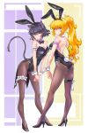  2girls animal_ears arm_garter black_hair black_leotard blake_belladonna blonde_hair bow bowtie breasts bunny_ears bunny_girl bunny_tail bunnysuit cat_ears cat_tail coattails covered_navel detached_collar fake_animal_ears fake_tail fishnet_legwear fishnets full_body high_heels highres iesupa leotard long_hair multiple_ears multiple_girls pantyhose ponytail prosthesis prosthetic_arm purple_eyes rwby single_garter strapless strapless_leotard tail wrist_cuffs yang_xiao_long yellow_eyes 