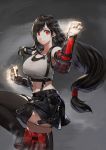  1girl black_hair breasts crop_top earrings fighting_stance final_fantasy final_fantasy_vii final_fantasy_vii_remake fingerless_gloves gauntlets gloves highres jewelry jun_(seojh1029) large_breasts leg_up long_hair low-tied_long_hair midriff red_eyes skirt suspender_skirt suspenders thighhighs tifa_lockhart 