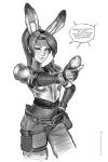 1girl animal_ears bbc-chan boobplate breastplate breasts bunny_ears easter egg english_text fake_animal_ears final_fantasy final_fantasy_vii final_fantasy_vii_remake fishnet_top greyscale hand_on_hip headband highres holding_egg holster impossible_armor jessie_rasberry leotard_under_clothes monochrome pants pauldrons ponytail sexually_suggestive small_breasts solo speech_bubble sperm_cell thigh_holster 