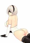 1girl :o ass black_blindfold black_headband black_legwear blindfold breasts cropped_legs gloves headband highres large_breasts leotard looking_back mole mole_under_mouth nier_(series) nier_automata ryu_seung short_hair thighhighs thighs white_gloves white_hair white_leotard yorha_no._2_type_b 