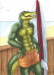  2016 anthro athletic beach clothed clothing crocodile crocodilian crocodylid gaikotsu hand_in_pants leaning_on_wall male muscular muscular_male open_mouth outside pinup pose reptile scales scalie sea seaside solo surfboard swimming_trunks swimwear topless vehicle water watercraft 