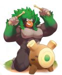  4_fingers absurd_res anthro armpit_hair biceps body_hair brown_body brown_fur drum drumming_stick fingers fur green_hair grin hair hi_res holding_object kneeling male mammal muscular muscular_male musical_instrument nintendo nipples nude o-ro orange_eyes pecs percussion_instrument percussion_mallet pok&eacute;mon pok&eacute;mon_(species) primate rillaboom smile solo video_games 