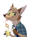  2019 anthro brown_body brown_fur canid canine cheek_tuft drinking facial_tuft fangs fox fur gesture green_eyes head_tuft hi_res holding_cup holding_object looking_at_viewer mammal ribbontini simple_background solo straw tongue tongue_out tuft v_sign vulpesvant_(character) white_background 