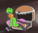  &lt;3 2019 amphibian anthro bottomless butt butt_grab clothed clothing frog green_body hand_on_butt key licking looking_pleasured male mimic narrowed_eyes open_mouth sharp_teeth shirt simple_background smile teeth tongue tongue_out topwear ultilix 