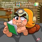  &lt;3 4_toes barefoot blonde_hair blush book dialogue english_text feet female foot_focus goomba goombella hair hi_res humanoid_feet lazzylad mario_bros nintendo paper_mario ponytail reading soles solo text toes video_games 