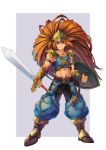  .sin 1boy blue_eyes boots brown_hair crop_top duran_(seiken_densetsu_3) helmet highres long_hair male_focus pauldrons seiken_densetsu seiken_densetsu_3 shield sword weapon 