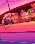  1girl 3boys absurdres anger_vein angry bandaid bare_shoulders bead_necklace beads black_hair blue_eyes boku_no_hero_academia burn_scar car car_interior choker collar collared_jacket collared_shirt crossover darling_in_the_franxx ear_piercing earrings expressionless eyeliner fingerless_gloves glasses gloves green_eyes grey_eyes ground_vehicle headgear heterochromia highres hood hood_down hoodie horns instagram_username jacket jewelry kimichan levi_(shingeki_no_kyojin) licking_lips long_hair looking_at_viewer makeup motor_vehicle multicolored_hair multiple_boys multiple_crossover necklace necktie one_eye_closed parted_lips piercing pink_hair pink_sky purple-tinted_eyewear red_hair ringed_eyes roronoa_zoro scar scar_across_eye serious shingeki_no_kyojin shirt smile sticker sunset todoroki_shouto tongue tongue_out two-tone_hair white_hair yellow-tinted_eyewear zero_two_(darling_in_the_franxx) 