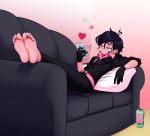  1girl absurdres barefoot cabronpr cellphone couch feet feet_together heart highres holding holding_phone legs_up no_shoes on_couch original phone pillow pov_feet reverse_trap short_hair sitting smartphone soles solo toenails toes tomboy 