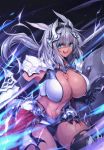  1girl animal_ears bangs bikini_bottom black_gloves black_legwear blue_eyes body_markings breasts caenis_(fate) dark_skin elbow_gloves electricity fate/grand_order fate_(series) faulds gauntlets gloves hair_intakes headpiece highleg highres large_breasts long_hair looking_at_viewer navel open_mouth pauldrons polearm shield smile solo spear tattoo thighhighs thighs weapon yoh0cid 