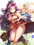  2girls angela_(seiken_densetsu_3) blonde_hair blue_eyes breasts cameltoe covered_navel earrings faerie_(seiken_densetsu_3) fairy fairy_wings flower gloves green_eyes highres jewelry leotard long_hair multiple_girls pointy_ears purple_hair seiken_densetsu seiken_densetsu_3 staff usuki_(graygreed) very_long_hair wings 