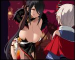  1boy 1girl :p ara_haan black_hair breasts character_request cleavage devi_(elsword) dress elsword grimgrim highres huge_breasts naughty_face orange_eyes strapless strapless_dress tongue tongue_out you_gonna_get_raped 