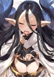  1girl absurdly_long_hair absurdres black_hair blush fellatio_gesture granblue_fantasy harvin hews_hack highres huge_filesize kneeling long_hair paid_reward patreon_reward pointy_ears rei_(granblue_fantasy) saliva shiny shiny_skin solo tongue tongue_out very_long_hair 