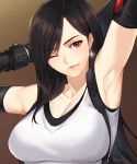  1girl ;) absurdres armpits arms_up breasts brown_hair cleavage earrings final_fantasy final_fantasy_vii final_fantasy_vii_remake gloves hibarikyoya_namimori highres jewelry large_breasts lips looking_at_viewer one_eye_closed red_eyes signature sleeveless smile solo stretch suspenders tank_top tifa_lockhart undershirt upper_body white_tank_top 