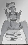  1girl apex_legends areolae bottomless breasts crop_top dark_skin double_bun double_v drone elbow_pads eyeliner feet_out_of_frame gloves greyscale headband headset highres inverted_nipples lifeline_(apex_legends) lips looking_at_viewer makeup mask_around_neck monochrome naftosaur navel nipple_slip nipples nose pussy short_hair sitting skindentation slender_waist small_breasts smile solo spread_legs uncensored v very_dark_skin 