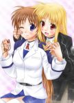  2girls bardiche black_jacket blonde_hair blush brown_hair collared_shirt couple fate_testarossa hand_on_another&#039;s_cheek hand_on_another&#039;s_face happy highres holding_hands jacket long_hair looking_at_another lyrical_nanoha mahou_shoujo_lyrical_nanoha mahou_shoujo_lyrical_nanoha_strikers military military_uniform multiple_girls neck_ribbon purple_eyes raising_heart red_eyes red_ribbon ribbon shinozuki_takumi shirt side_ponytail skirt smile takamachi_nanoha thighhighs thighs uniform very_long_hair white_jacket yuri 