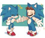  2019 anthro blue_body blue_fur brown_hair clothing cosplay crossover crossover_cosplay dated duo emanata eulipotyphlan eyes_closed facial_hair footwear fur gesture gloves grin hair handwear hedgehog human male mammal mario mario_bros mustache nintendo nonananana shoes simple_background smile sonic_the_hedgehog sonic_the_hedgehog_(series) sparkles standing thumbs_up video_games white_background 