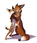  &lt;3 2018 black_spots brown_body brown_fur canid dipstick_tail duo eyes_closed felid feral fur hi_res hug inner_ear_fluff mammal multicolored_tail ribbontini simple_background smile spots spotted_body spotted_fur tuft white_background white_body white_fur 