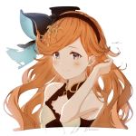  1girl blue_eyes cropped_torso granblue_fantasy hairband hand_in_hair highres kiwi0314 long_hair orange_hair sara_(granblue_fantasy) smile twitter_username white_background 