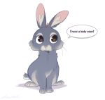  2018 ambiguous_gender dialogue english_text feral fur grey_body grey_fur hi_res humor inner_ear_fluff lagomorph leporid mammal rabbit ribbontini simple_background solo speech_bubble text tuft whiskers white_background 