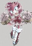  2020 alternate_species amy_rose anthro boots bracelet claws clothing dress eulipotyphlan female footwear fur green_eyes grey_background hi_res jewelry mammal nakazato_blb open_mouth open_smile pink_body pink_fur simple_background smile solo sonic_the_hedgehog_(series) spiked_bracelet spiked_footwear spikes were wereeulipotyphlan werehog white_outline 