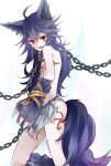  1girl ahoge animal_ears bare_shoulders blue_hair bound bound_wrists chain chained fang fenrir_(shingeki_no_bahamut) granblue_fantasy hair_between_eyes kinui_(mukuxxx) lock long_hair looking_at_viewer paws red_eyes tail thighs white_background wolf_ears wolf_girl wolf_tail 