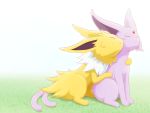  2020 4:3 ambiguous_gender blush duo eeveelution espeon eyes_closed feral forehead_gem forked_tail fur fur_tuft head_tuft jolteon kemonobito monotone_tail nintendo pok&eacute;mon pok&eacute;mon_(species) quadruped simple_background tuft video_games white_background white_body white_fur yellow_body yellow_ears yellow_fur 