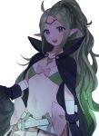  1girl ahoge belt black_gloves blush bow cape circlet commentary_request eyelashes fire_emblem fire_emblem_awakening flat_chest gloves green_hair highres long_hair manakete midriff navel nowi_(fire_emblem) open_mouth pink_bow pointy_ears ponytail purple_eyes simple_background solo ume_ryou white_background 