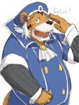  2010 3:4 anthro belly clothing felid feline french_text hat headgear headwear humanoid_hands kemono male mammal overweight overweight_male shirt simple_background solo teeth text topwear train_(artist) translated white_background 