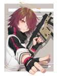  1girl arknights black_gloves blush brown_eyes closed_mouth exusiai_(arknights) eyebrows_visible_through_hair fingerless_gloves gloves gun hair_over_one_eye halo highres holding holding_gun holding_weapon looking_at_viewer red_hair reiji-rj short_hair smile solo v weapon 