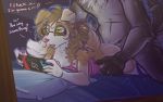  anthro bored bored_sex brown_body brown_fur brown_hair butt canid canine canis dimmi_(character) dimwitdog disinterested_sex distracted_sex domestic_dog duo english_text eyewear faceless_male female from_behind_position fur glasses green_eyes hair hi_res male male/female mammal nintendo nintendo_switch open_mouth sex speed_bump_position text video_games white_body white_fur 