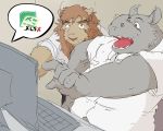  2011 anthro belly clothing computer duo felid humanoid_hands kemono lion male mammal overweight overweight_male pantherine rhinocerotoid shirt sitting topwear train_(artist) 