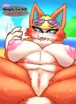  2020 absurd_res animal_crossing anthro audie_(animal_crossing) big_breasts blush breasts canid canine canis eyewear female fur genitals hi_res mammal milkteafox nintendo nipples nude open_mouth outside pussy seaside solo sunglasses video_games wolf 