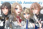  4girls anniversary bangs black_gloves black_hair blonde_hair blue_eyes blue_neckwear braid breasts brown_hair colorado_(kantai_collection) dated finger_to_mouth flower garrison_cap gloves green_eyes grey_headwear hat index_finger_raised kantai_collection long_hair machi_(ritovoyage) multiple_girls mutsu_(kantai_collection) nagato_(kantai_collection) necktie nelson_(kantai_collection) one_eye_closed open_mouth partly_fingerless_gloves purple_eyes red_flower red_neckwear red_rose remodel_(kantai_collection) rose short_hair smile twitter_username upper_body v white_gloves 
