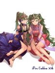  2girls absurdres alba anklet anniversary arm_support bare_arms bare_legs barefoot blue_dress breasts cleavage_cutout commentary_request cosplay costume_switch dress english_text feet fire_emblem fire_emblem:_three_houses flat_chest green_hair hair_ornament highres jewelry long_dress long_hair looking_at_viewer manakete multiple_girls necklace pink_dress pointy_ears ponytail scarf shadow shiny shiny_hair sidelocks simple_background sitting sleeveless small_breasts sothis_(fire_emblem) tiara tiki_(fire_emblem) toes twintails very_long_hair white_background 