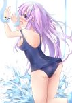  1girl absurdres arms_up ass blue_swimsuit blush bound breasts commentary_request d-pad d-pad_hair_ornament dogoo eyebrows_visible_through_hair hair_between_eyes hair_ornament highres long_hair looking_at_viewer looking_back medium_breasts naoya_(naoya_ee) nepgear neptune_(series) old_school_swimsuit open_mouth purple_eyes purple_hair school_swimsuit simple_background solo splashing swimsuit swimsuit_pull white_background 