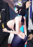  1girl 2boys alcohol bangs bare_back black_dress black_hair blue_hair bracelet breasts bug butt_crack butterfly cup dress drinking_glass earrings flower formal glass hair_flower hair_ornament highres huge_breasts insect jewelry long_hair multicolored_hair multiple_boys original sideboob solo_focus suit two-tone_hair wine wine_glass xiujia_yihuizi yellow_eyes 