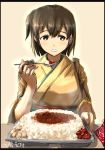  1girl breasts brown_eyes brown_hair commentary_request curry curry_rice eating food highres hiryuu_(kantai_collection) japanese_clothes kantai_collection kimono large_breasts looking_at_viewer one_side_up rice seitei_(04seitei) short_hair side_ponytail spoon twitter_username yellow_kimono 