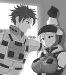  1boy 1girl armor breasts earth_defense_force elbow_gloves gloves greyscale helmet large_breasts maku_ro military military_uniform monochrome no_headwear no_helmet ranger_(edf) sweatdrop uniform wall_slam wing_diver 