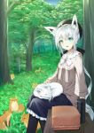  1girl ahoge animal_ears animal_on_lap aqua_eyes beret braid choro_tofu forest fox fox_ears fox_girl fox_tail hat highres hololive low_ponytail nature open_mouth petting shirakami_fubuki sitting_on_bench smile solo tail virtual_youtuber white_hair 