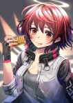  1girl :p arknights bangs black_gloves blush brown_eyes commentary_request exusiai_(arknights) fingerless_gloves food gloves grey_background grey_shirt halo hand_up highres holding holding_food jacket looking_at_viewer open_clothes open_jacket partial_commentary raglan_sleeves red_hair shirt short_hair solo tongue tongue_out upper_body ushishi_(hakka_gahou) white_jacket 