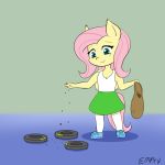 anthro anthrofied bag bottomwear clothed clothing empyu equid equine feeding female fluttershy_(mlp) friendship_is_magic hair mammal my_little_pony pegasus pink_hair roomba skirt solo wings yellow_body 